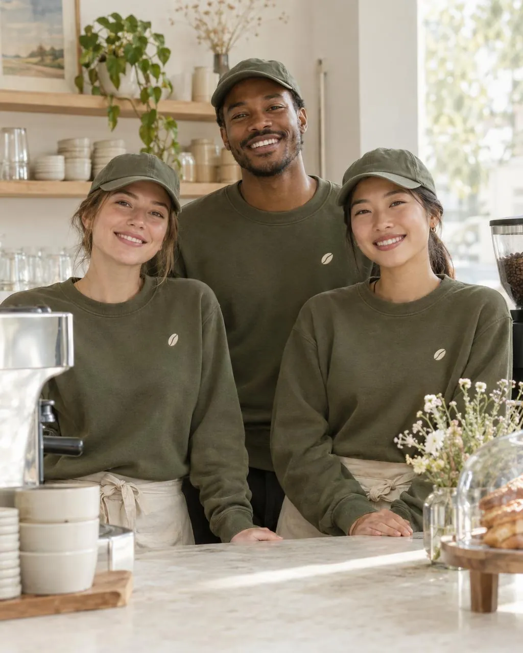 Coffee shop team wearing embroidered logo sweatshirts